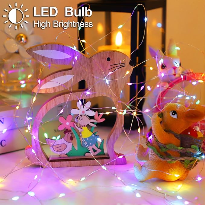 YAOZHOU Easter Decorations Pastel Fairy String Lights Indoor, Battery Operated Powered with Timer, 2 Pack Total 33FT 100 Led Mini Mason Jar Waterproof Firefly Lights for Garland DIY Party