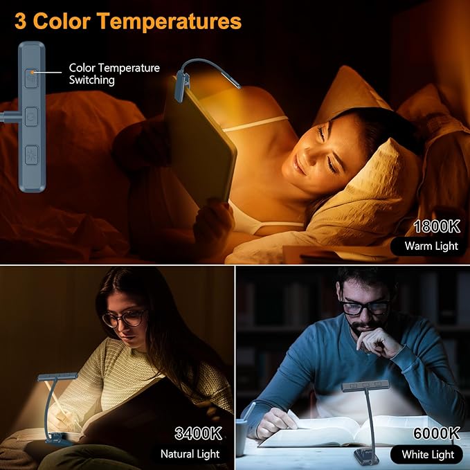 Gritin 19 LED Rechargeable Book Light for Reading in Bed with Memory Function- Eye Caring 3 Color Temperatures,Stepless Dimming Brightness,90 Hrs Runtime Clip on Light for Book Lovers-Pacific Blue