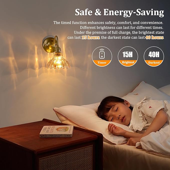 Battery Operated Wall Sconce Set of 2, Vintage Rechargeable Wall Lights with Amber Lily Glass Shade, Wireless Indoor Wall Lamp with Remote for Bedroom Living Room Bathroom