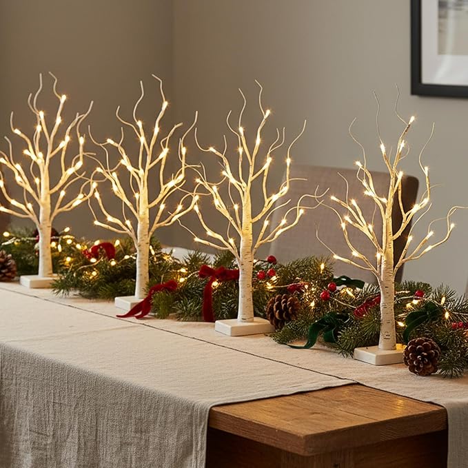 EAMBRITE Birch Tree with LED Lights for Christmas Decorations Indoor, Lighted Tabletop Tree 22 in 24 LED White Twig Battery Operated Mini Small Artificial Trees for Home Table Centerpiece Mantel 4pcs
