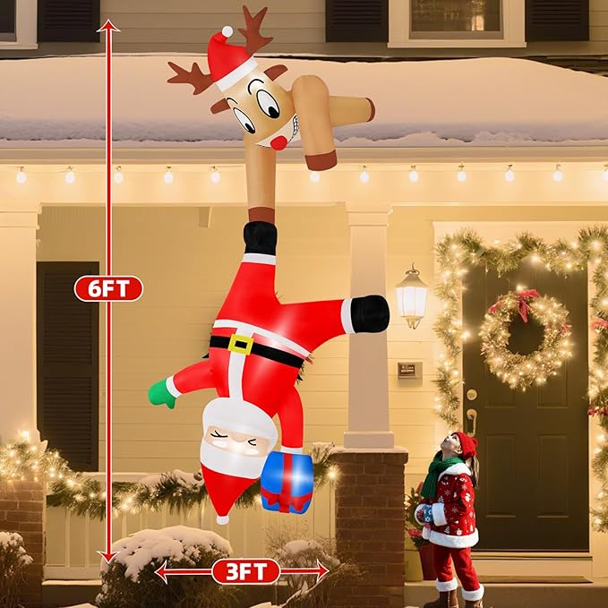 B&D 6FT Christmas Inflatable Reindeer Pulling Falling Santa Outdoor Decorations, Funny Hanging Inflatable Christmas Decorations Built-in LEDs Blow Up Yard Inflatable for Xmas Party Indoor Garden Roof