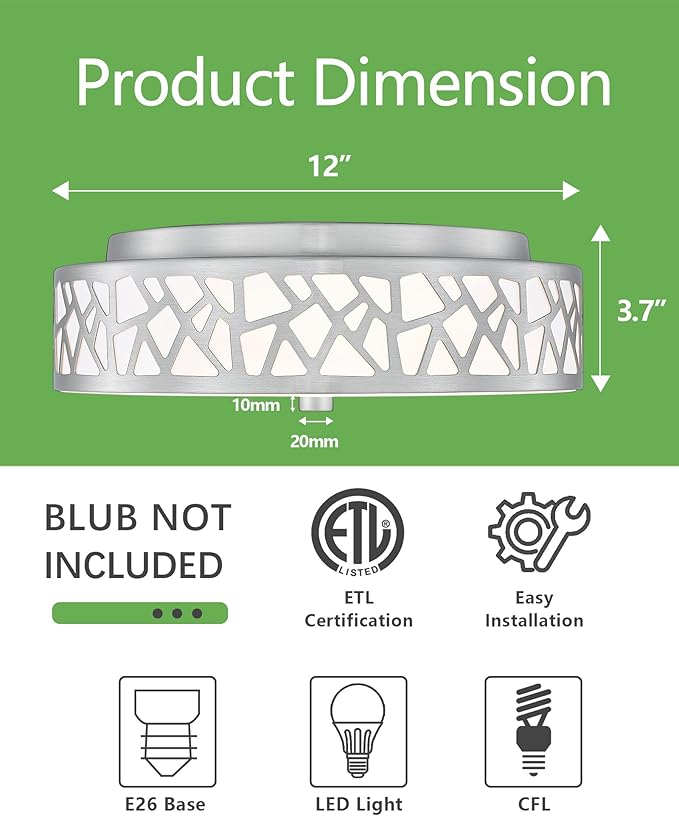 2-Light Flush Mount Ceiling Light,12 inch Modern Ceiling Light Fixture with Brushed Nickel Metal and Frosted Glass Shade for Hallway, Kitchen, Bedroom