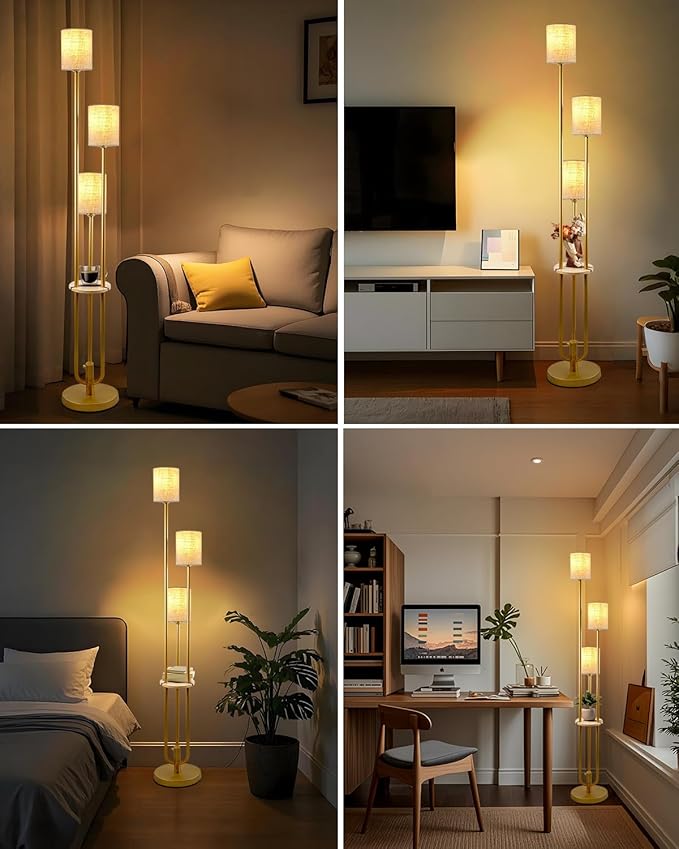 Lightdot Floor Lamp with Table for Living Room Bedroom Dimmable Floor Lamps with Linen Shade Vintage Gold Standing Tall Lamp Candle Holder Style for Bedroom/Sofa Beside/Corner Decor(Bulbs Included