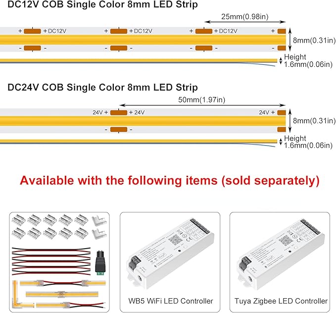 COB LED Strip Light, IP30 DC24V 2700K High Density Uniform Light 480LEDs/M Super Bright CRI>90 16.4ft Tape Dotless Cuttable Flexible for Cabinet Home Indoor DIY Lighting (No Power or Controller)