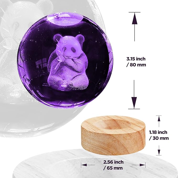 3D Panda Crystal Ball Night Light with 16 Color LED Wooden Base 3.15 Inch Glass Ball Lamps with Remote for Birthday Christmas Cute Panda Gifts for Lovers Boys Girls Friend (Upgraded)