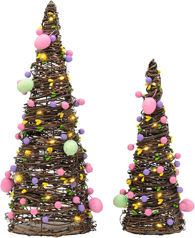 CRCZK 2PACK Easter Rattan Table Tree Decor Lighted Easter Decorations Table Centerpieces Decor Artificial Tree with Led Lights,Eggs&Berries Spring Decorations for Home