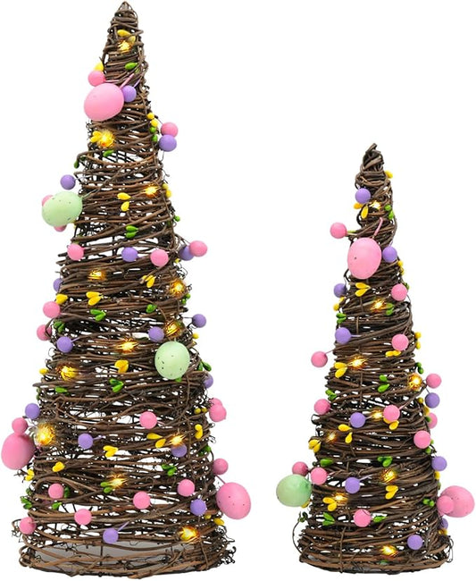 CRCZK 2PACK Easter Rattan Table Tree Decor Lighted Easter Decorations Table Centerpieces Decor Artificial Tree with Led Lights,Eggs&Berries Spring Decorations for Home