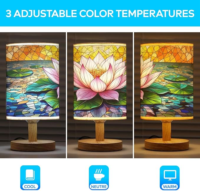 Lotus Table Lamp LED 3-Color Pressed Bedside, Lotus Shade Lamp with Wood Base for Bedroom Living Room Desk Office TL01