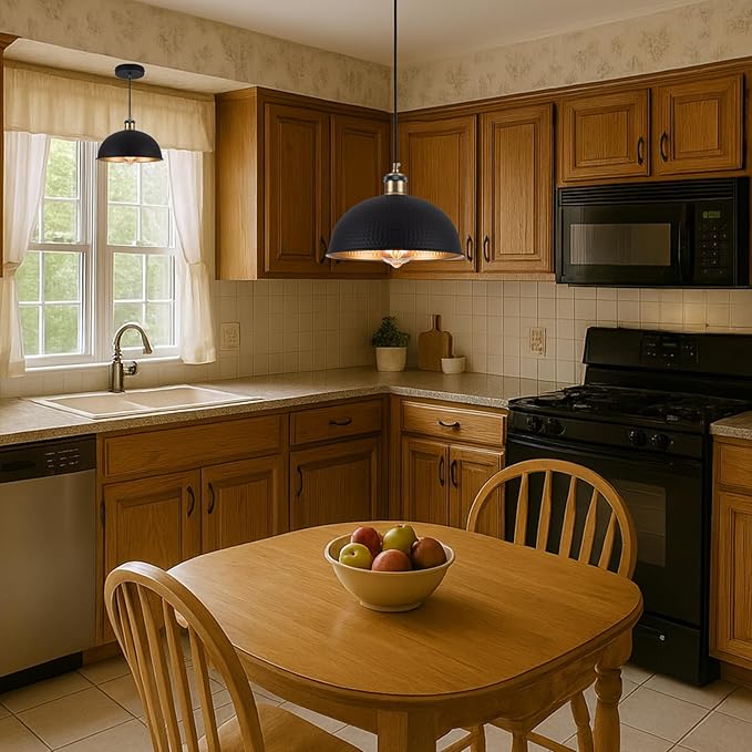 10“ Industrial Black Gold Pendant Lights Vintage Mini Dome Pendant Light Fixtures with Golden Finish Rustic Farmhouse Black Pendant Lights for Kitchen Island, Dining Room, Bedroom (Set of 3)