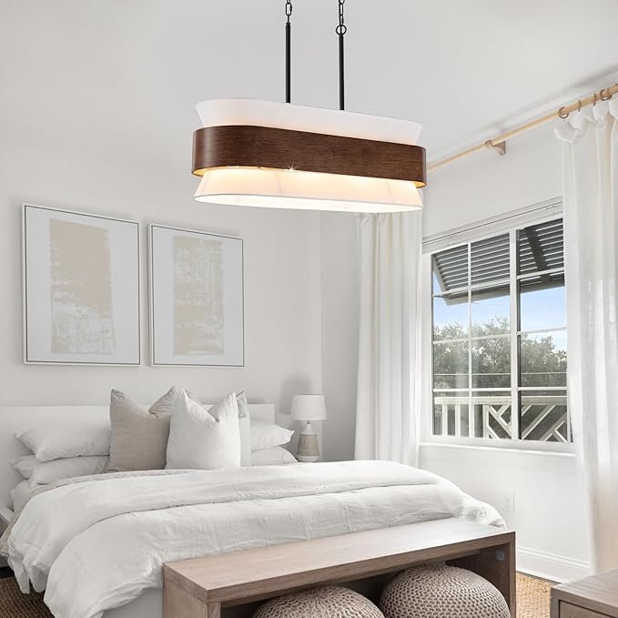 31.5" Farmhouse Kitchen Island Chandelier 4-Light Dining Room Light Fixture, 2-Tier Chandelier with Wood Grain Finish and White Fabric Shade, Adjustable Pendant Lights for Kitchen Island Over Table