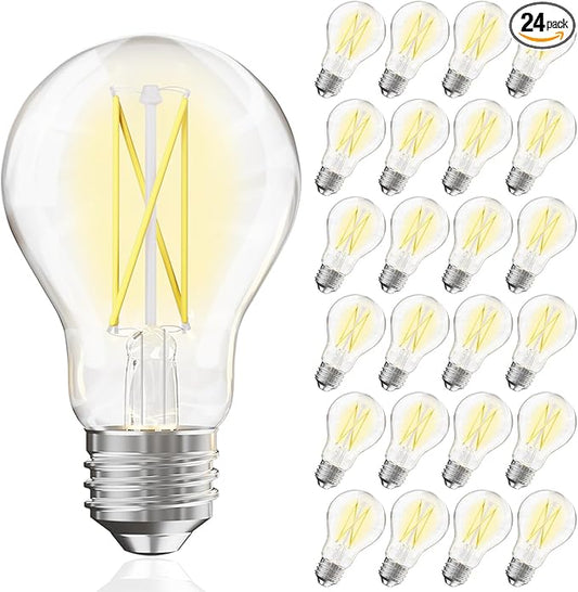 VOLIVO 24 Pack A19 Vintage LED Edison Bulbs, Dimmable, 60W Equivalent, High Brightness 5000K Daylight, Ultra-Bright, 7W E26 Standard Base, CRI80+, 800Lumens, Clear Glass Filament Bulb for Home