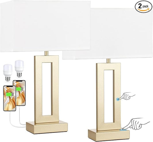 Seealle Nightstand Table Lamps for Bedrooms Set of 2 - Touch Bedside Lamp with USB C+A, 3 Way Dimmable Living Room Lamps for End Tables Set of 2(White&Gold)