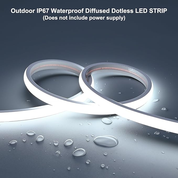 24V COB LED Strip Light 16.4ft 6000K Cool White, 230LM/ft, IP67 Waterproof Outdoor, High CRI>93, Self-Adhesive Highlight Architecture, Accent Bars & Gardens