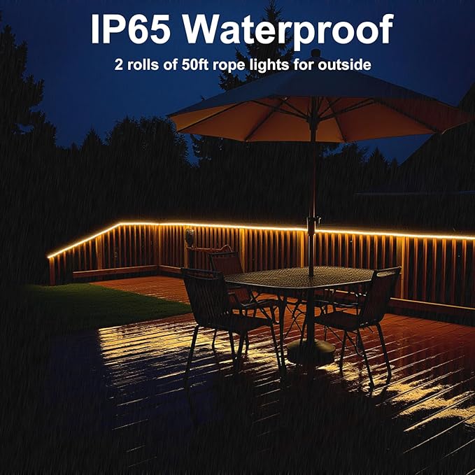 2Pack 50ft LED Rope Lights Outdoor Waterproof, 12V Dimmable Strip Light, Flexible LED Rope Lighting 3000K for Bedroom, Living Room, Backyard, Indoor Outdoor Decor