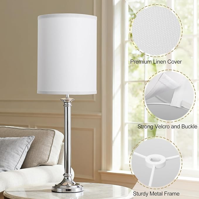 White Linen Tall Drum Lamp Shades Set of 2, 10"Top x10" Bottom x 13"High, Lampshade Replacement for Table Lamp Floor Lamp, Natural Linen Lampshades, Spider, Harp Holders Included, Easy Assembly