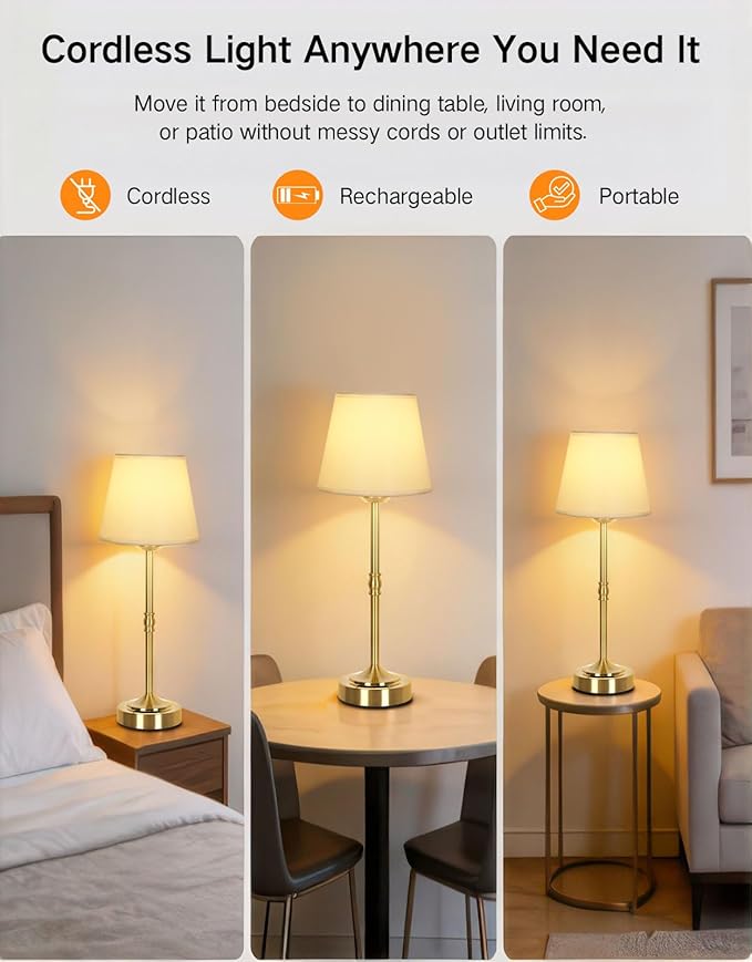 OUTON Cordless Table Lamp Rechargeable, Touch Dimmable LED Bedside Lamp with Fabric Shade, 3 Color Temperatures, USB-C Charging, Battery Display, Memory Function for Bedroom Living Room Patio, Gold