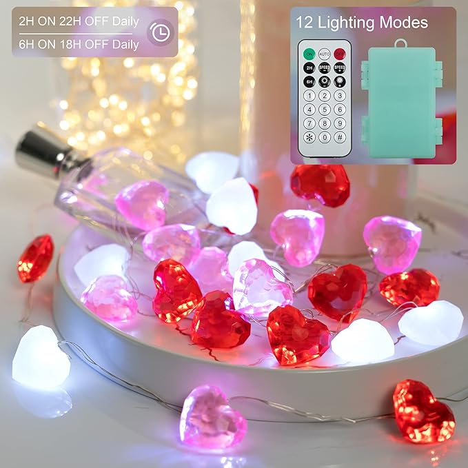 BOHON Valentine Day Decor 10 ft 30 LEDs 3D Heart Lights, Red White Pink Fairy String Lights with Remote Battery Operated, Valentines Decorations for The Home Bedroom Garland Wedding Indoor Timer