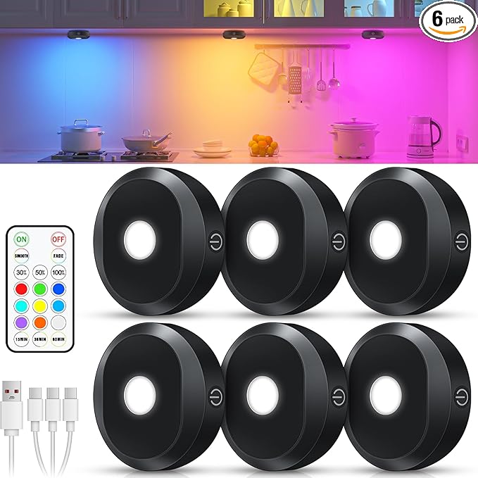 WILLED Under Cabinet Lighting Wireless,RGB Rechargeable Puck Lights with Remote Control,Battery Touch Tap Light with Timer Function,Stick On LED Lights for Kitchen,Cabinet,Counter,Closet,Shelf,6 Pack