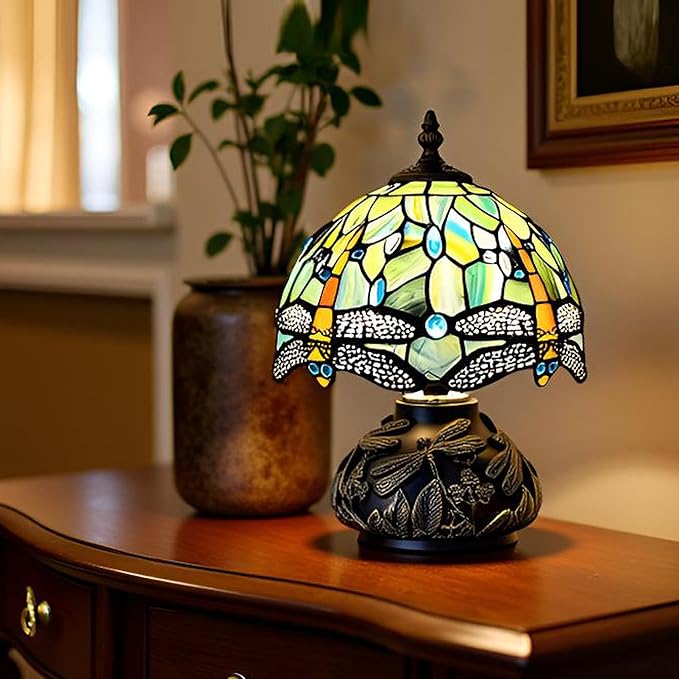 Small Tiffany Mushroom Table Lamp,Mini Memory Sympathy Antique lamp 8X11 Inch (Brown Dragonfly)
