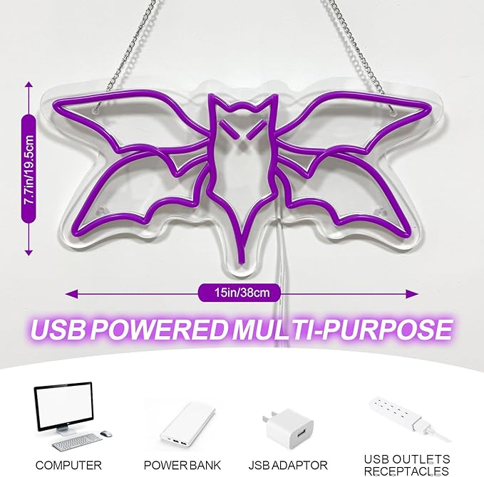 Bat Neon Sign – Flying Bat LED Wall Sign for Halloween, Gothic Room Decor, Witchcraft Festival Decor, Horror Party Wall Art, 15" x 7.7"
