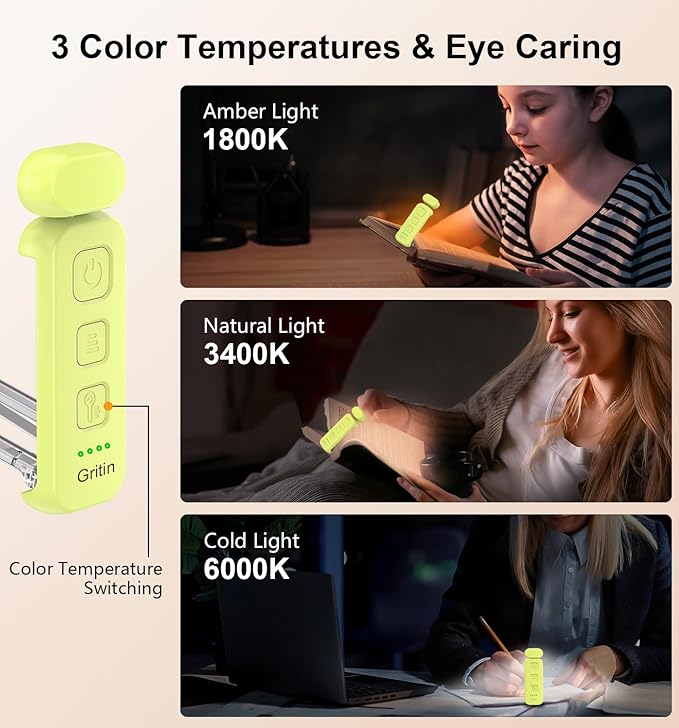Gritin Reading Light,Book Light for Reading in Bed-Eye Caring 3 Colors, 5-Level Dimmable Brightness,Long Lasting, Compact Size Rechargeable Clip on Book Reading Light for Book Lovers-Emerald Green