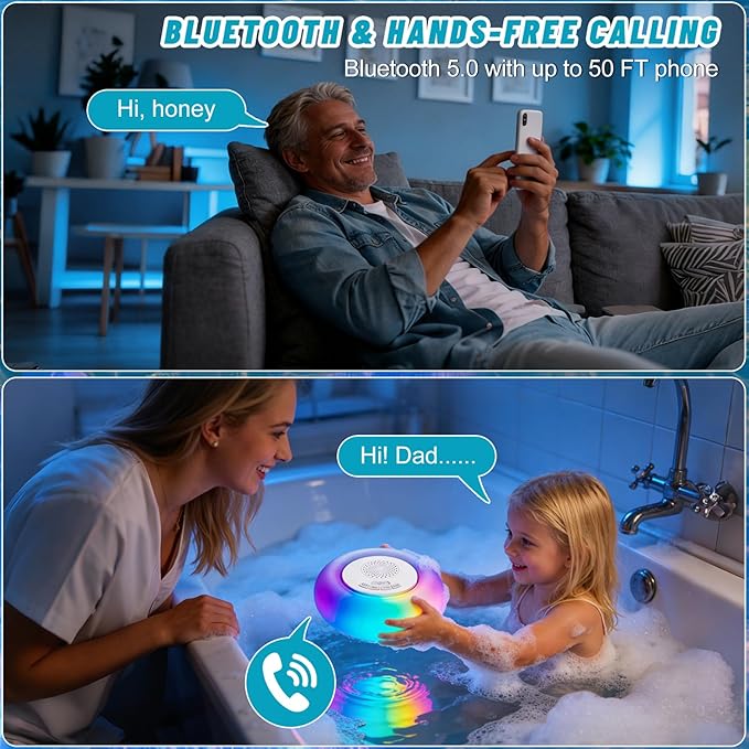 Floating Bluetooth Pool Speaker with 8 RGB Lights,IP68 Waterproof, 360° Hi-Fi Sound, Long Battery Playtime, Hands-Free Call, Outdoor Hot Tub Spa Speaker for Pool Party, Shower & Beach, 2 Packs