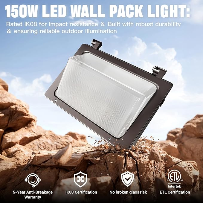 150W LED Wall Pack with Photocell Dusk to Dawn 5000K Waterproof Commercial Outdoor Light Fixture 22500lm 120-277V Equivalent,Energy Save Flood Lights for Building,Yard,Warehouse,Garage-2pack