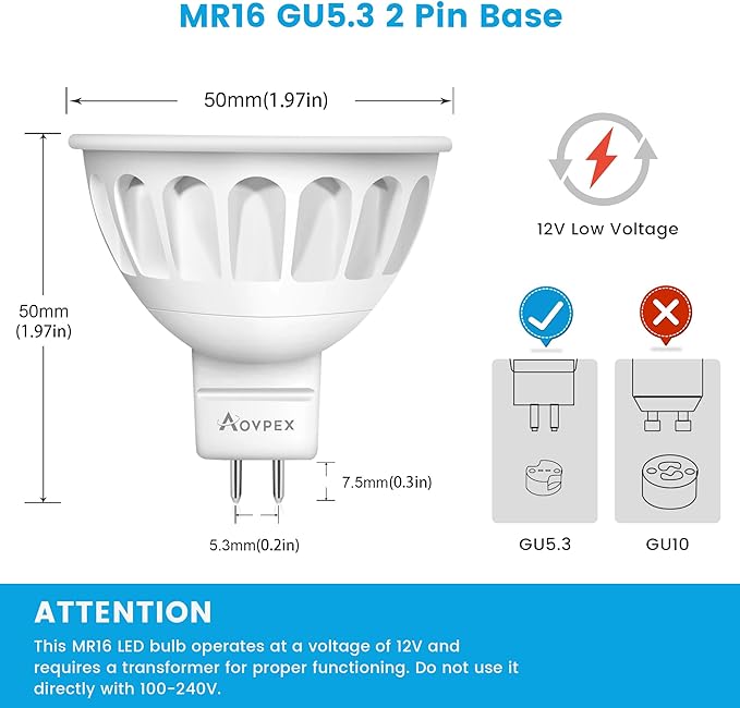 6 Pack Dimmable MR16 LED Bulbs, 12V 5W(50-Watt Equivalent), 3000K Warm White, GU5.3 Bi-Pin Base, 40-Degree, Indoor Outdoor Landscape Spotlight Track Recessed Lighting