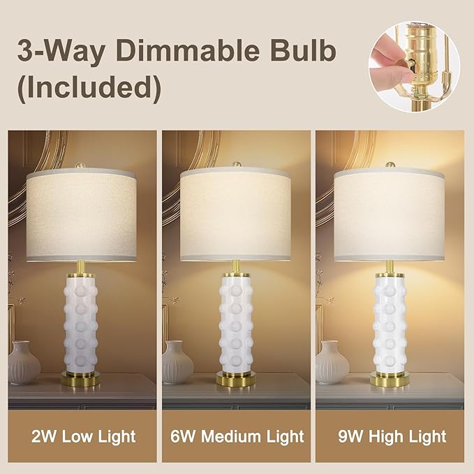 23.5" Modern Ceramic Table Lamp Set of 2 for Living Room, White Desk Lamps for Bedroom Nightstand, Farmhouse Lamps with 3-Way Dimmable Bulb, Linen Shade, Bedroom Living Room (Bulb Included)