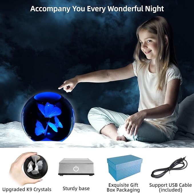 3D Crystal Ball Night Light - 3.15 Inch Butterfly Figurines Glass Ball Table Lamp with Color Changing Touch Base - Butterfly Gifts for Friends, Kids, Women - Christmas, Birthday