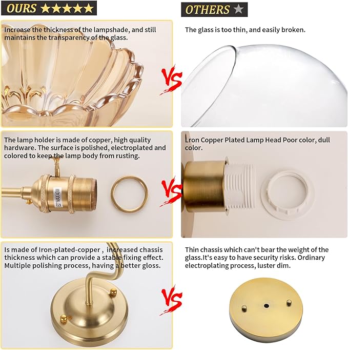 Plug in Wall Sconce Set of 2, Gold Vintage Wall Decor Lights with Amber Lily Glass Shade, Indoor Brass Corded Wall Lamp Fixture for Bedroom Living Room Bathroom Hallway