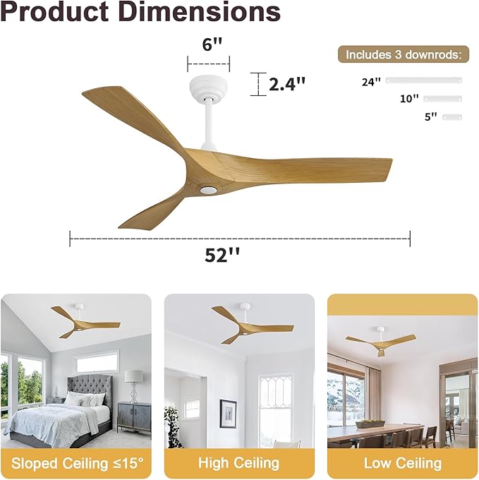 CACI Mall Ceiling Fan No Light, 52 inch Low Profile Flush Mount Modern Ceiling Fan with Remote Control and Reversible DC Motor, for Bedroom Living Room Patio Indoor Outdoor