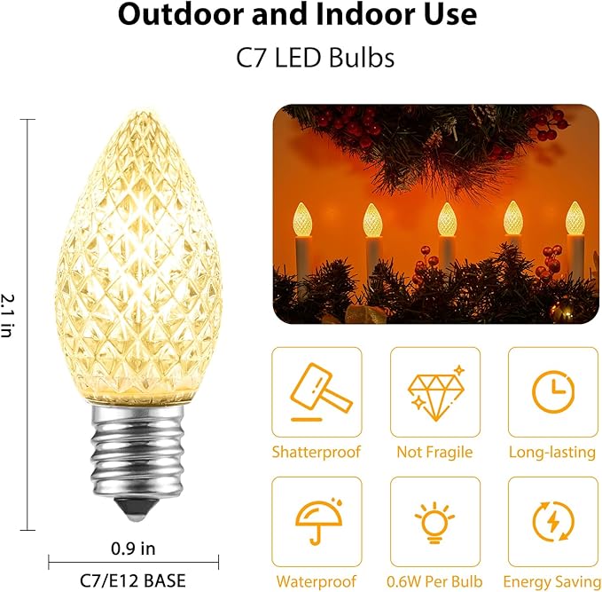 50 Pack C7 LED Christmas Lights Bulbs, Shatterproof Replacement for String Lights, E12 Candelabra Base, Commercial Grade Dimmable Holiday Bulbs, Warm White