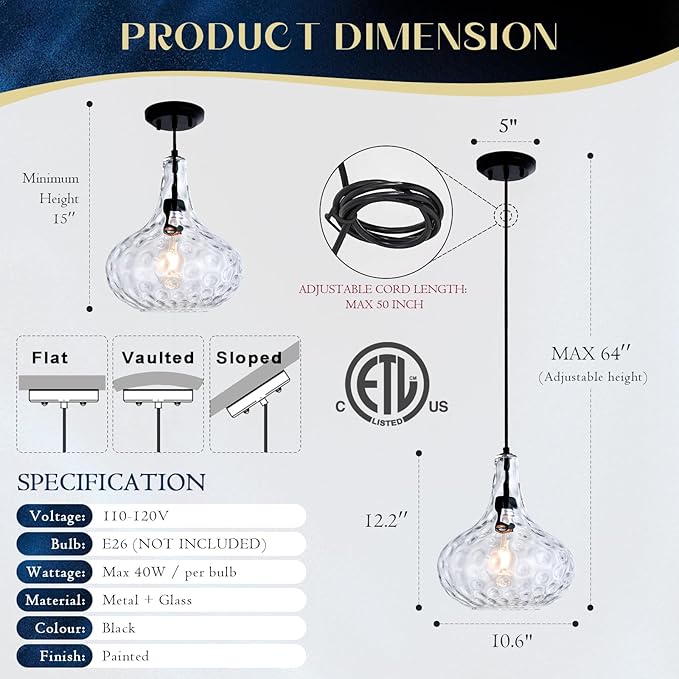 11" Blown Hammered Glass Pendant Light – Matte Black Ceiling Light for Kitchen Island, Dining Room, Hallway – E26 Base Hanging Fixture