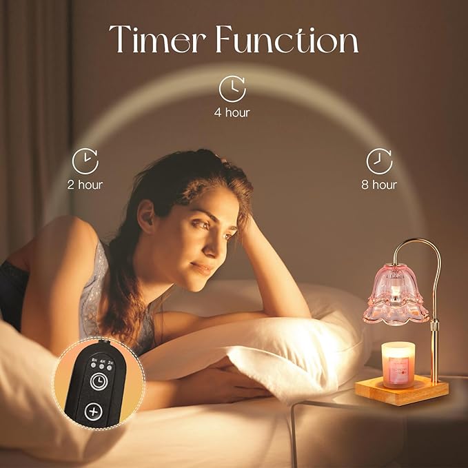 Candle Warmer Lamp with Timer: Pink Flower Candle Warming Lamp with 2 Bulbs Height Adjustable Wax Warmer Dimmable Bedroom Mothers Day Decor Gift for Women