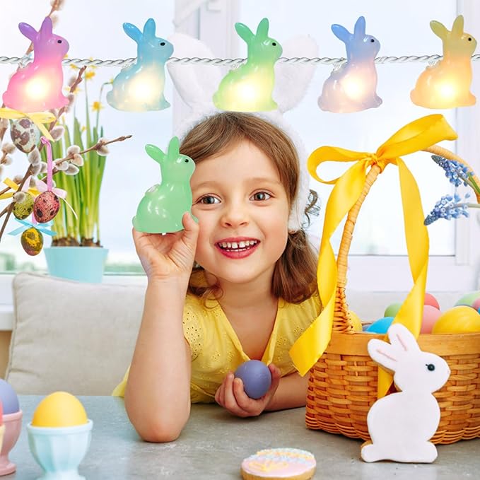 8.5FT Easter Decorations Bunny Lights, 10Pcs LED Pastel Easter Bunny Lights Plug in, Easters Light String for Spring Themed Party Garden Patio Easters Decorations Outdoor Indoor, White Wire