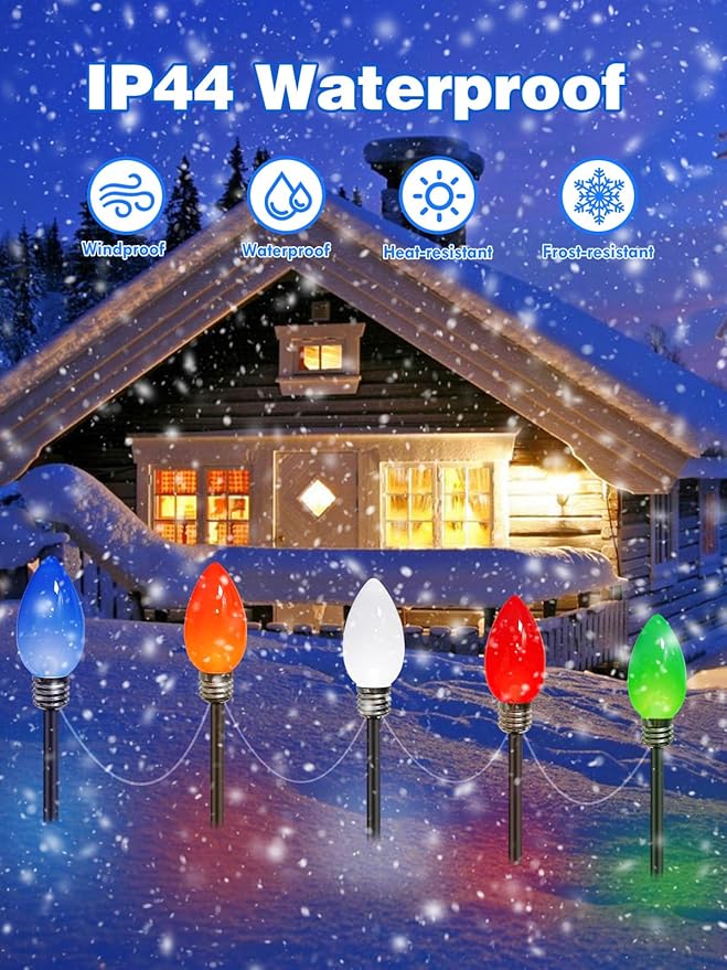 10 Pack Large C9 Christmas Decorations Outdoor, Waterproof C9 Christmas Lights Plug in with 2 Modes and Timer, Pathway Light for Party Indoor Courtyard Patio Lawn Garden Xmas Decoration (Multicolor)