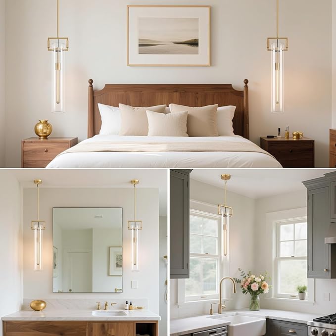 Modern Knurled Brass Kitchen Island Pendant Light,Gold 21.6'' 1-Light Long Glass Island Pendant Lights,Lrage Farmhouses Pendant Light, for Kitchen,Dining Room,Bathroom,Bulb Included