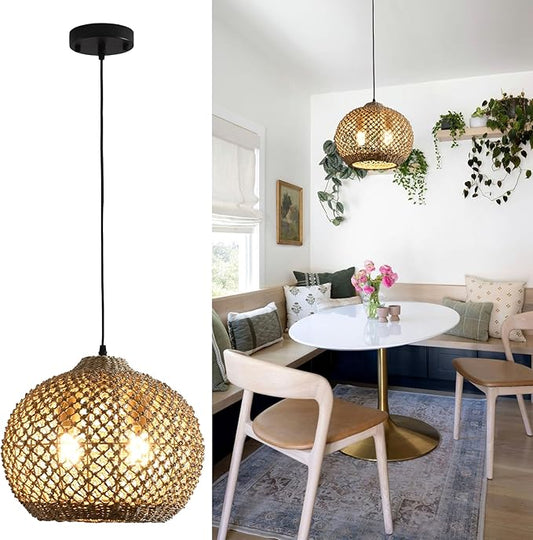 13.79" Rattan Coastal Pendant Light Fixture,Boho 2-Light Kitchen Island Ceiling Hanging Lighting Wicker Hand Woven Farmhouse Chandelier,for Bedroom, Dining Room, Entryway, Foyer