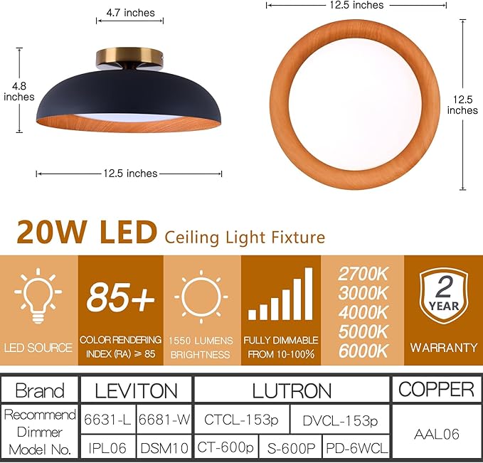 Bargeni Flush Mount Ceiling Light,12.5 inch LED Ceiling Light Fixture,5CCT Dimmable/2700K-6000K/20W, Matte Black with Wood Accent,Mid Century Light Fixtures Ceiling Mount,ETL Certified