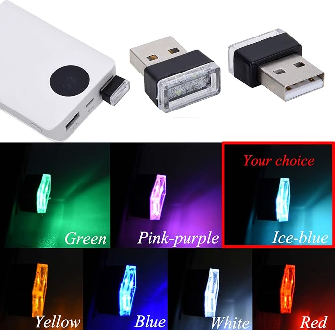 Febrytold 4Pcs Ice Blue USB Car Interior Atmosphere Lamps, Universal Mini Led USB Lights for Car Decoration, Lighting