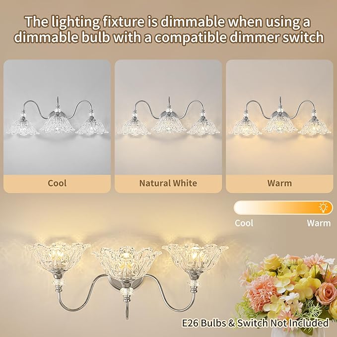 Brushed Chrome 3-Light Bathroom Vanity Light with Floral Clear Glass Shades, Modern Wall Mount Lighting for Bathroom, Dressing Table