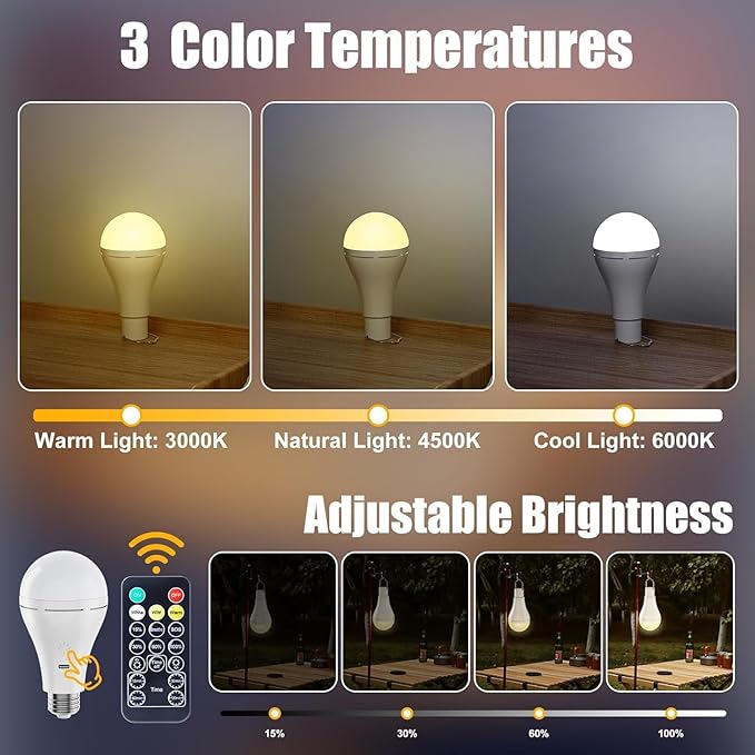 Brightown USB Rechargeable Light Bulb with Remote and Timer, Battery Emergency Light Bulbs for Home Power Outage, Hanging LED Light Bulb with Hook for Outdoor Camping Tent, 700LM, 6000K, 2 Pack