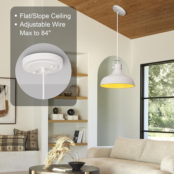 White Farmhouse Pendant Lights Matte Pendant Lighting for Kitchen Island Industrial Adjustable Height Vintage Dome Hanging Light Fixtures for Barn, Dining Room 3 Packs