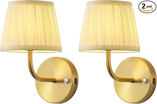 PUSU LED Cordless Gold H9.6 inch Small Wall Sconces Set of 2, Rechargeable 5200mAh Battery Operated Fabric Wall Lamp with Remote, Lighting for Living Room, Bedroom, Hallway, Bathroom, Stairs, Kitchen