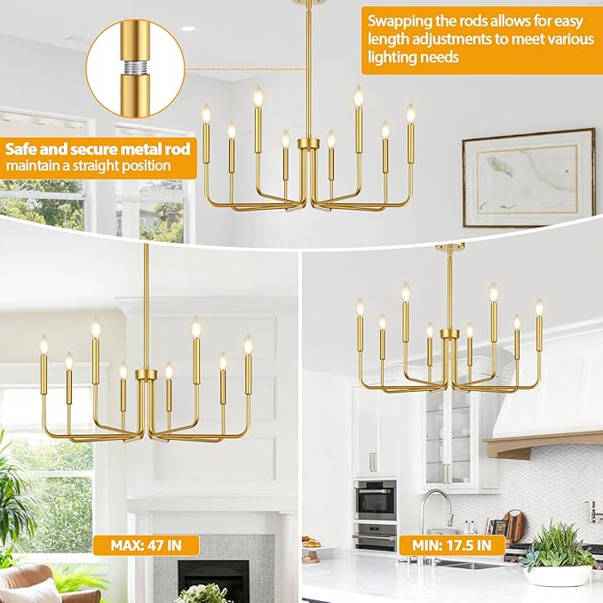 Lynnoland 8-Light Farmhouse Chandelier for Dining Room Lighting Fixtures Hanging, Gold Dining Light Fixtures Industrial Chandelier for Bedroom, Foyer, Hall, Kitchen, Living Room and Entryway