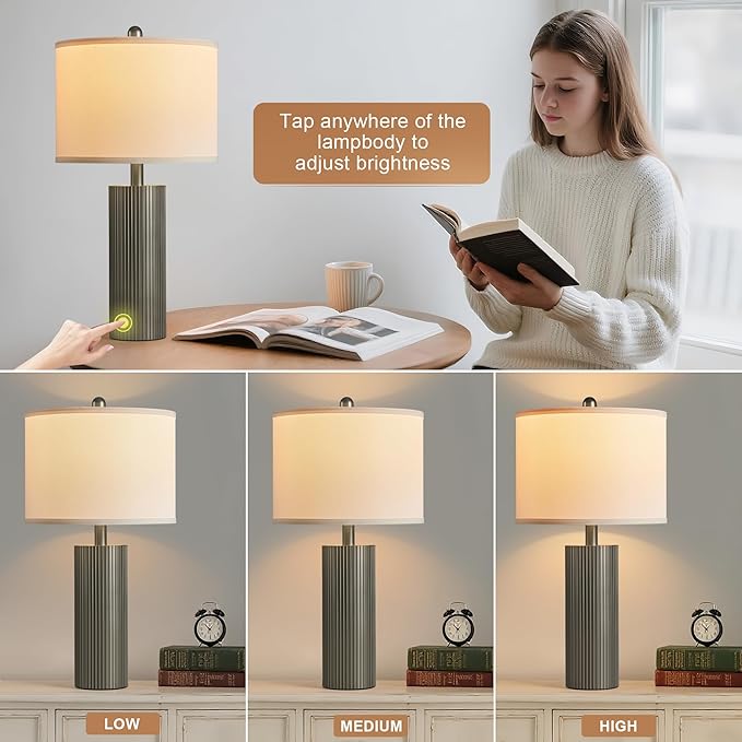 Table Lamps for Living Room Set of 2, 24.5" Modern Table Lamps for Bedroom with USB C+A Ports, Creative Stripe Touch Lamps for Nightstand, 2 Bulbs Included