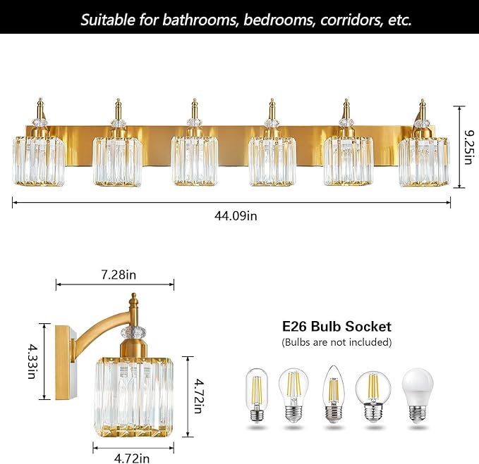 Crystal Vanity Lights - Gold 6 Light Modern Bathroom Vanity Light Fixtures Over Mirror