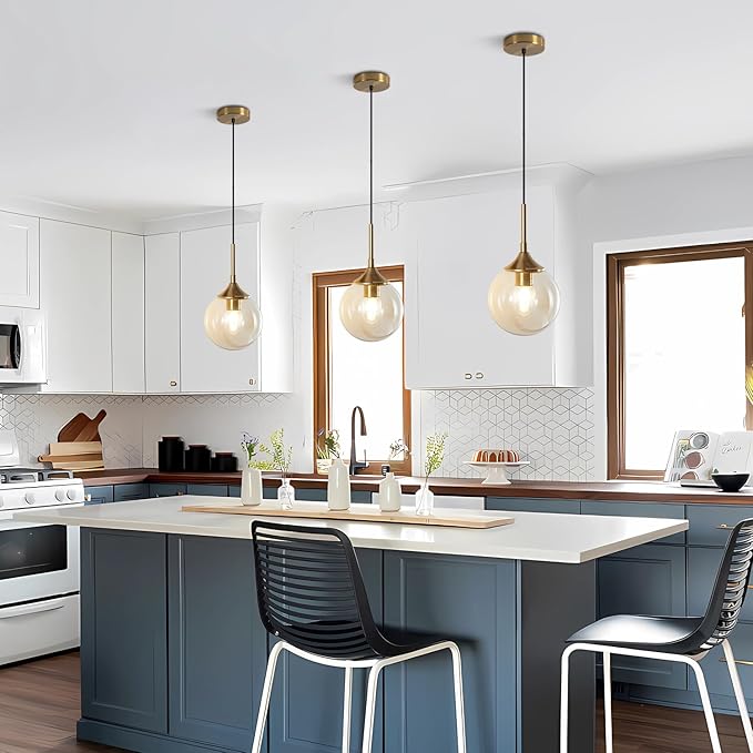 KCO Lighting Mid Century Modern Pendant Chandelier Amber Glass Hanging Lamp Gold Globe Pendant Lights Kitchen Island Brushed Brass Pendant Light Large Kitchen Pendant Lighting Over Island