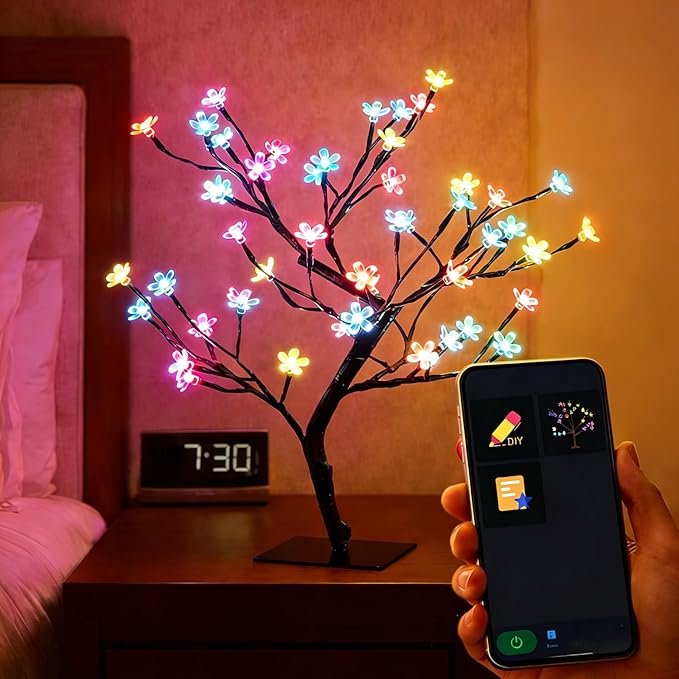 Easter Decorations – Smart RGB LED Cherry Blossom Tree Lamp, 16 Inch 40LED USB Lighted Bonsai, App Control Music Sync Timer, Easter Basket Stuffers for Adults, Spring Table Centerpiece